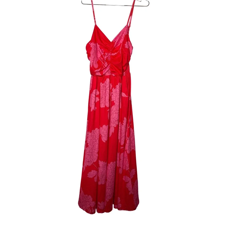 Cupshe Womens Floral Ruched V-Neck Maxi Dress Red Pink Large NWT - Picture 2 of 10